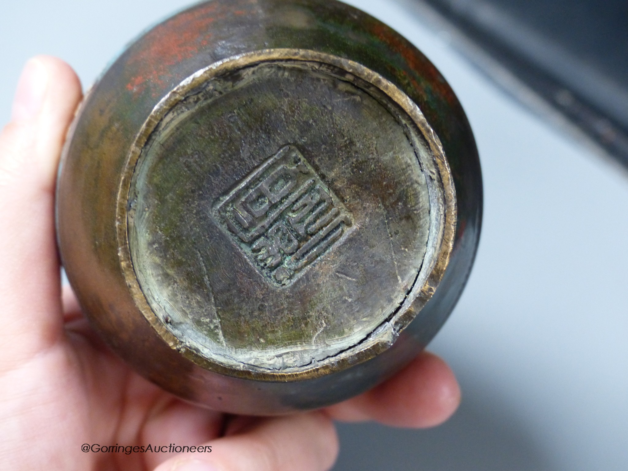 A large Chinese crackle glaze jar, height 24cm and a Japanese champleve enamel bronze vase